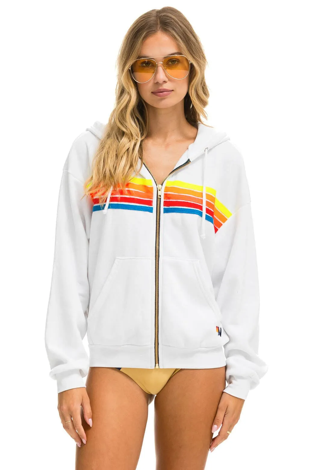 5 STRIPE RELAXED ZIP HOODIE - WHITE // NEON RAINBOW