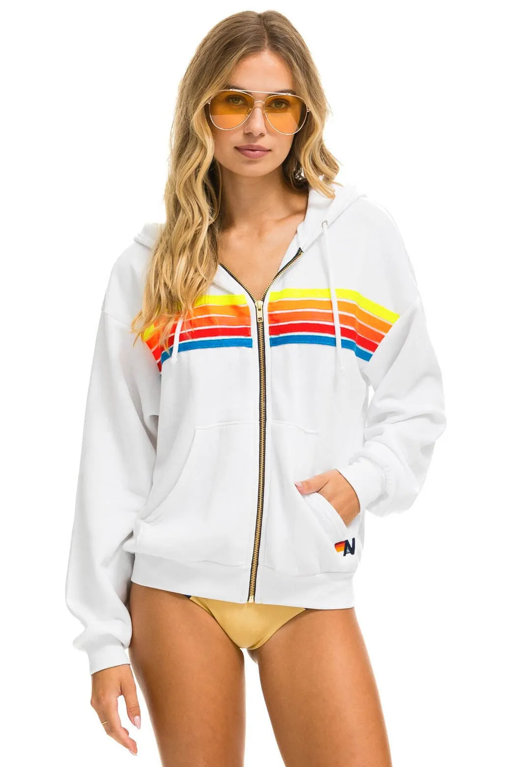 5 STRIPE RELAXED ZIP HOODIE - WHITE // NEON RAINBOW