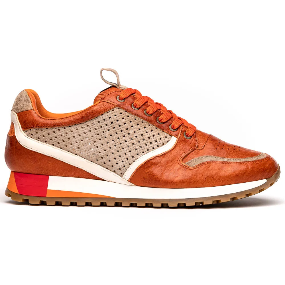 65-224-ONG MATTEO Italian Calf and Suede Perforated Sneakers, Burnt Orange