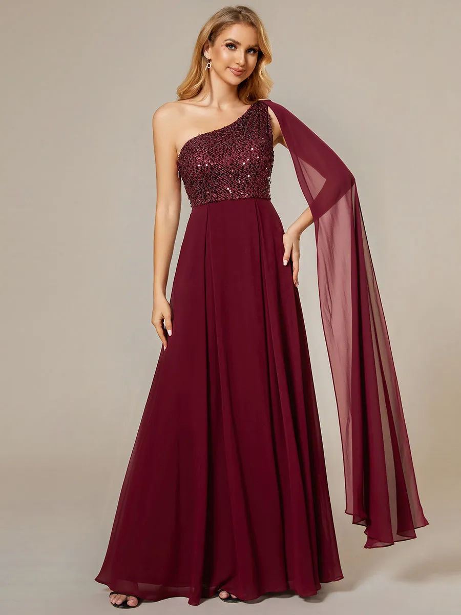 A-Line Shiny Sequin Chiffon Bodice One Shoulder Sleeveless Evening Dresses