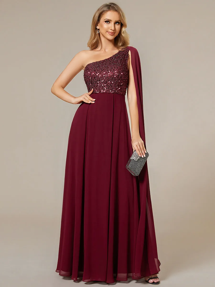 A-Line Shiny Sequin Chiffon Bodice One Shoulder Sleeveless Evening Dresses