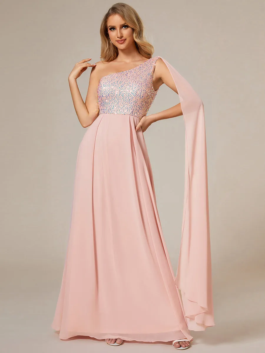 A-Line Shiny Sequin Chiffon Bodice One Shoulder Sleeveless Evening Dresses