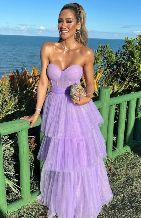 A-Line Sweetheart Tulle Tired Long Purple Prom Dresses Evening Dresses,DP0232