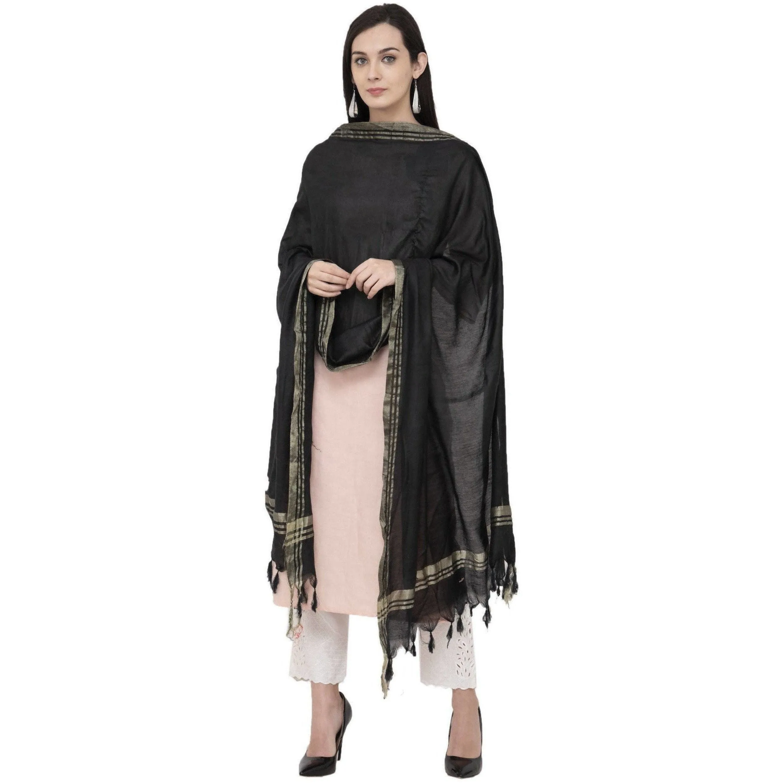 A R Silk Golden Border Regular Dupatta Color Black Dupatta or Chunni