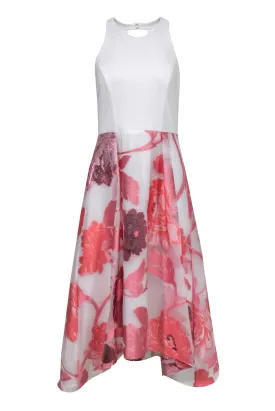 Adrianna Papell - White High-Low Dress w/ Pink Floral Print Organza Skirt Sz 10