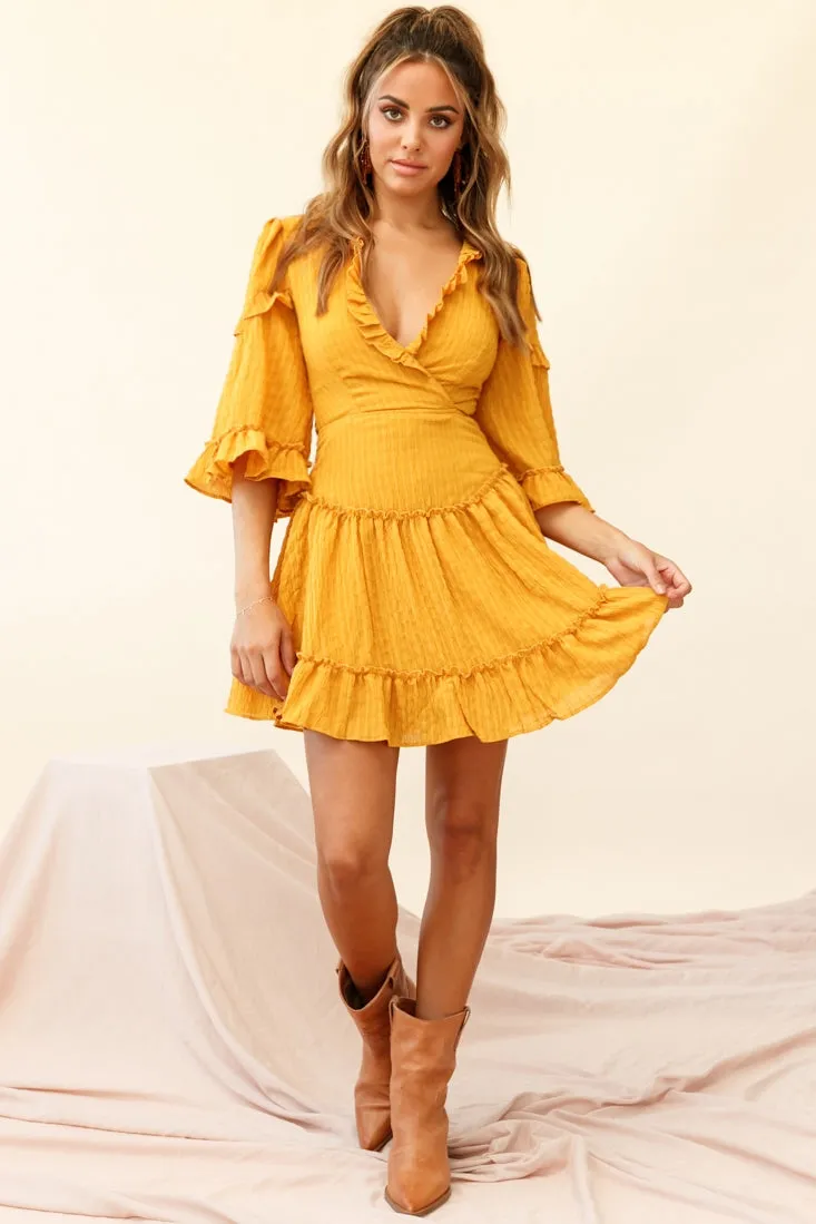 Albany Lace Up Back Frill Dress Shirred Mustard