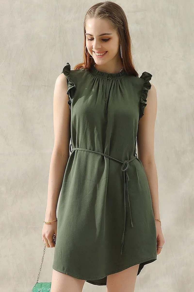 ANGEL WING SLEEVE WRINKLED NECK STRING WAIST DRESS