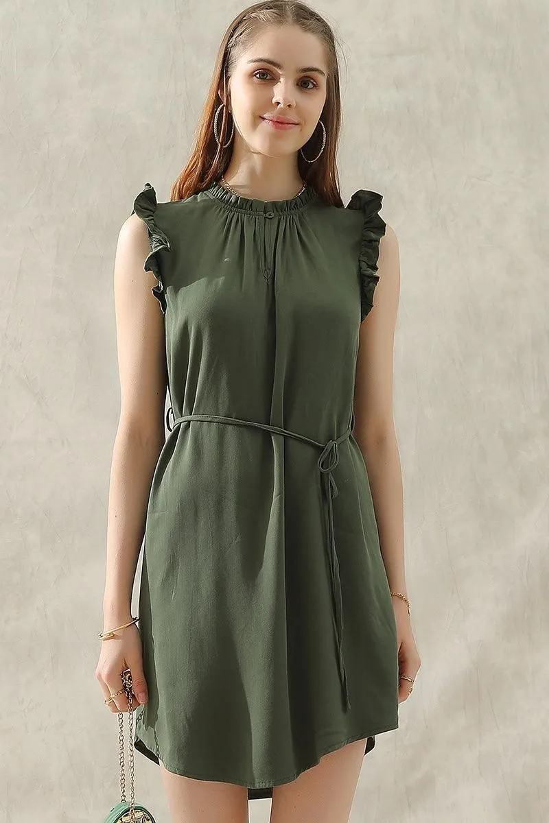 ANGEL WING SLEEVE WRINKLED NECK STRING WAIST DRESS