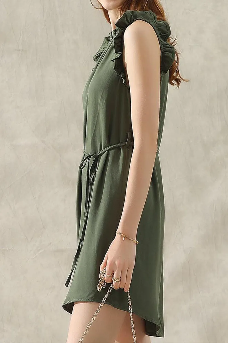 ANGEL WING SLEEVE WRINKLED NECK STRING WAIST DRESS