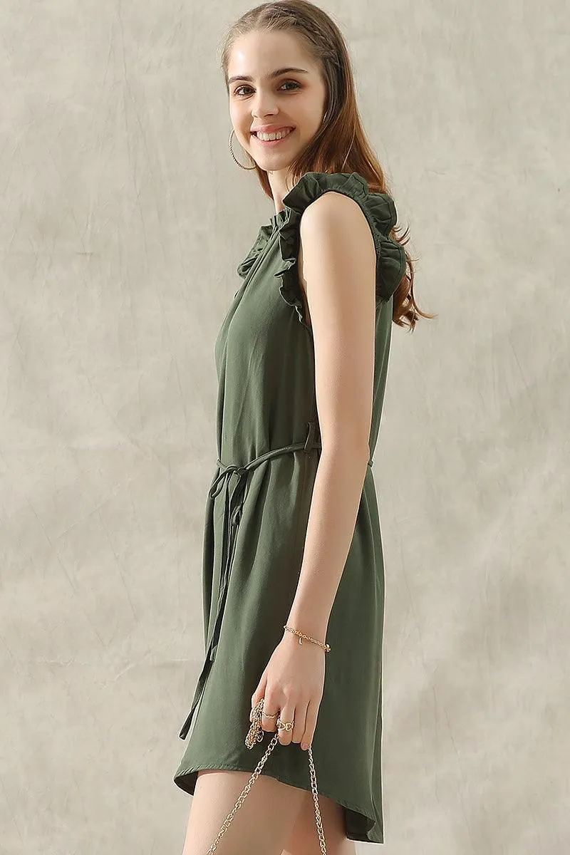 ANGEL WING SLEEVE WRINKLED NECK STRING WAIST DRESS