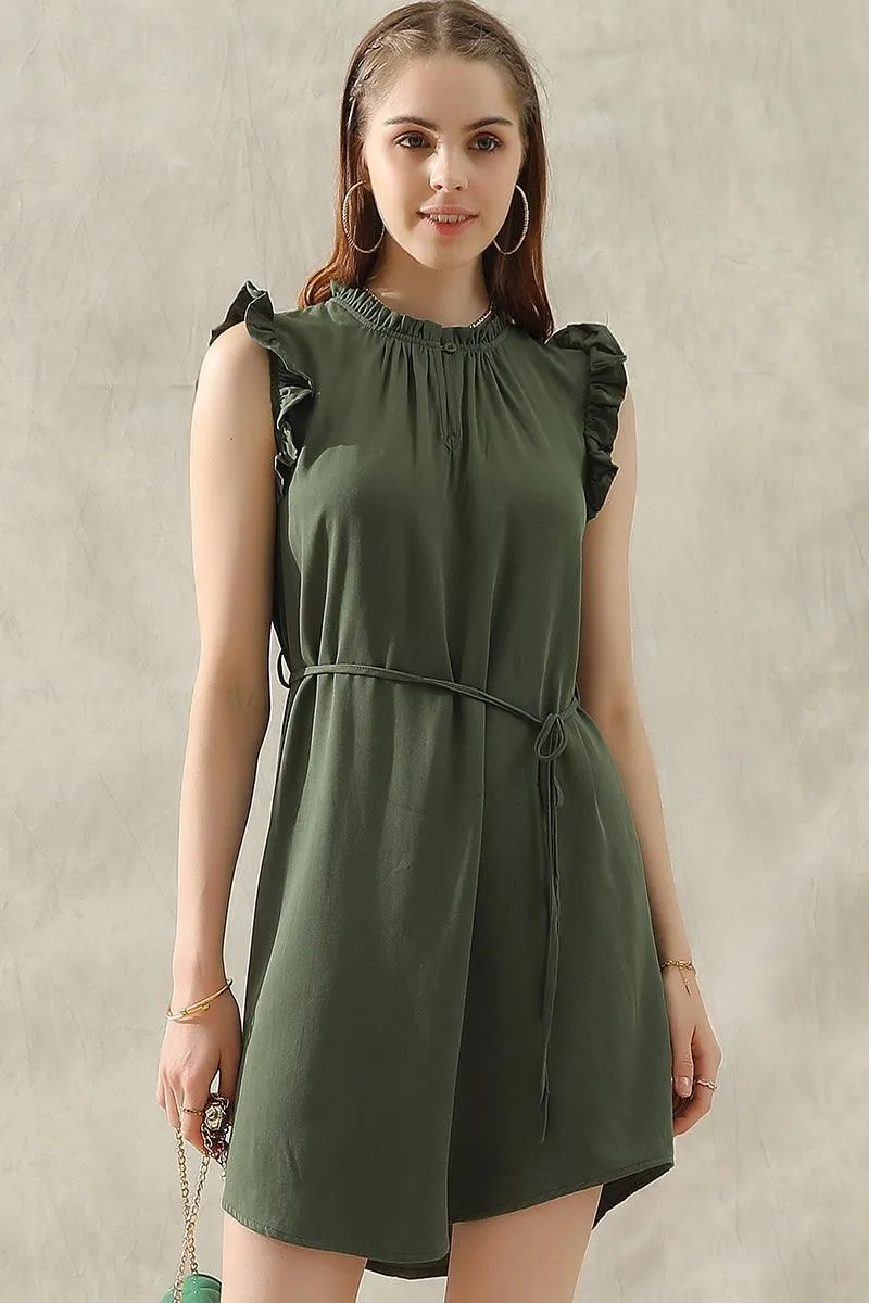 ANGEL WING SLEEVE WRINKLED NECK STRING WAIST DRESS