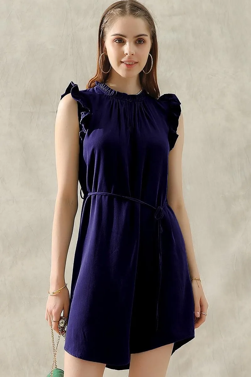 ANGEL WING SLEEVE WRINKLED NECK STRING WAIST DRESS