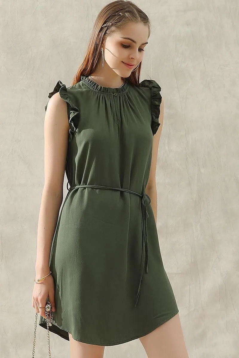 ANGEL WING SLEEVE WRINKLED NECK STRING WAIST DRESS