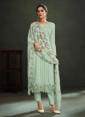 Aqua Green Color Muslin Silk Base Embroidered Pant Style Suit With 3/4th Sleeves