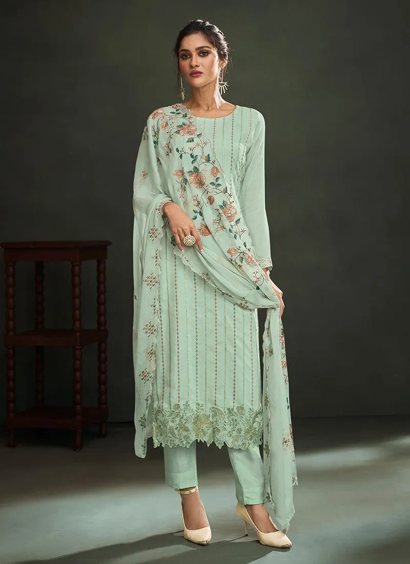 Aqua Green Color Muslin Silk Base Embroidered Pant Style Suit With 3/4th Sleeves