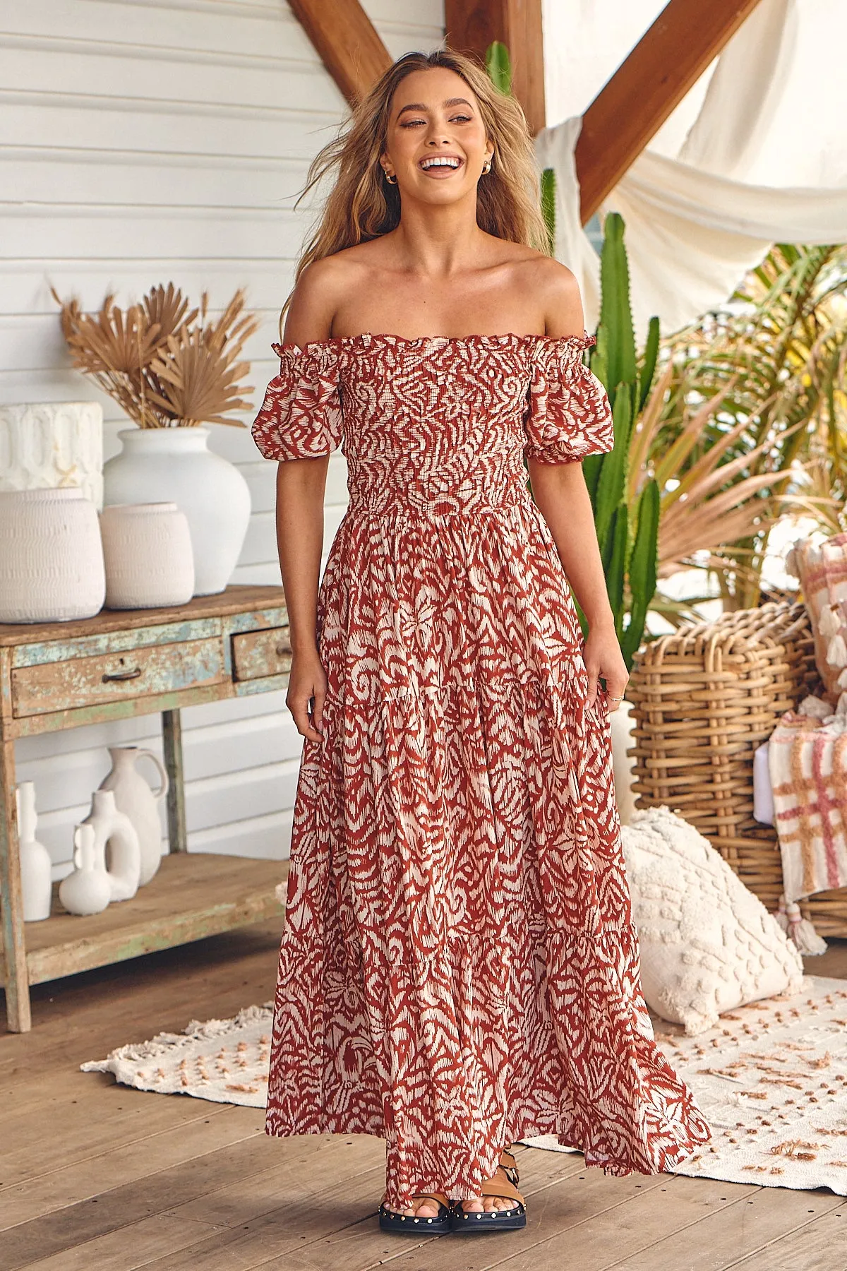 Audra Shirred Maxi Dress - Cherry/Brown