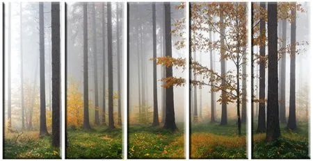 AUTUMN FOREST PRINT ON CANVAS, FOREST WALL ART, FRAMED AND READY TO HANG, FOREST PAINTING, TREE PAINTINGS ON CANVAS, 5 PANEL CANVAS PRINT