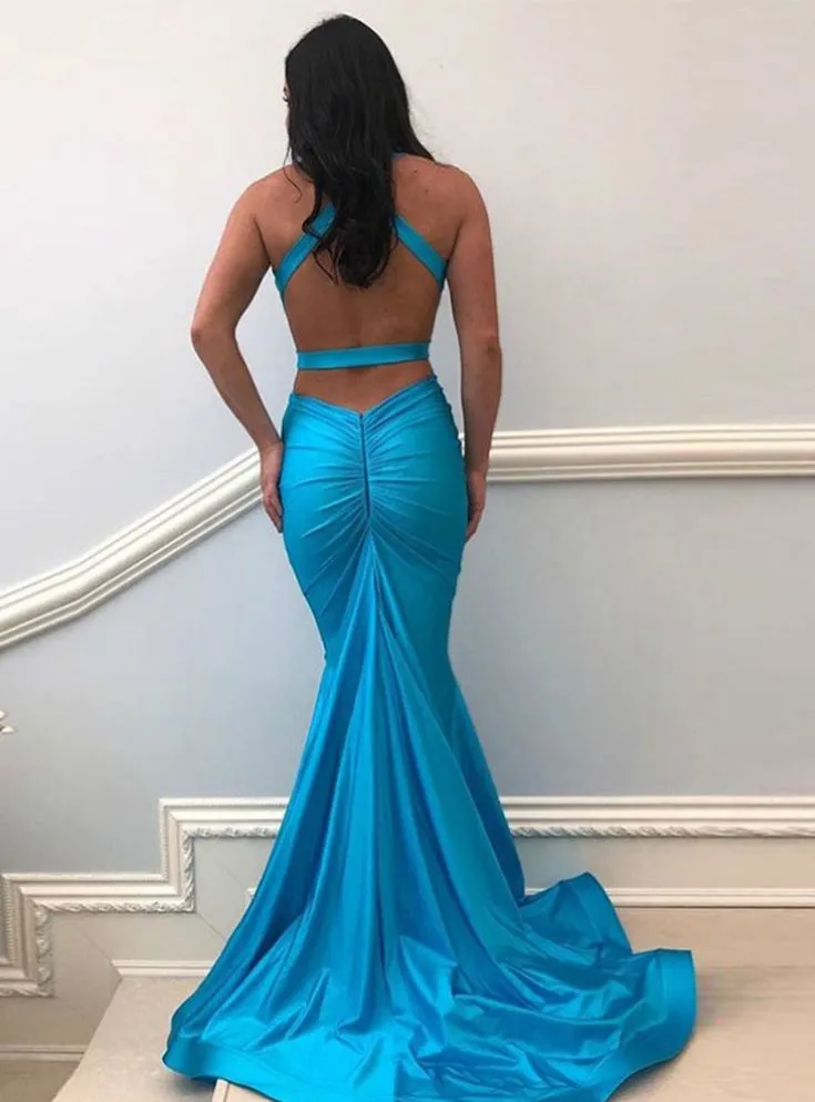 Backless Pleats Blue Mermaid V-neck Elastic Satin Prom Dress,DP0184