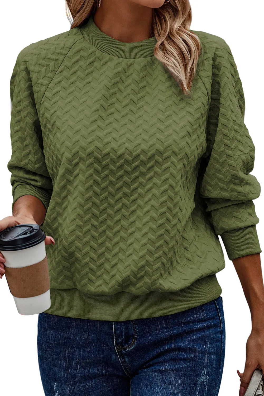 Beige Solid Color Textured Raglan Sleeve Pullover Sweatshirt