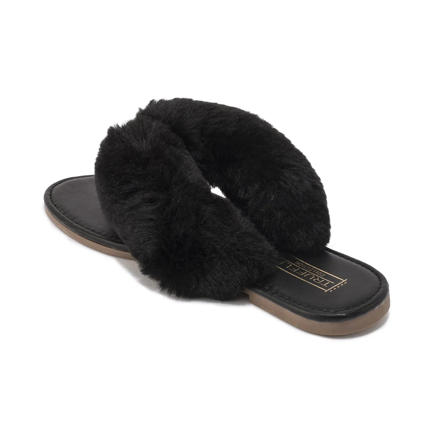 Black Fur Flat Toe Thong Sandal