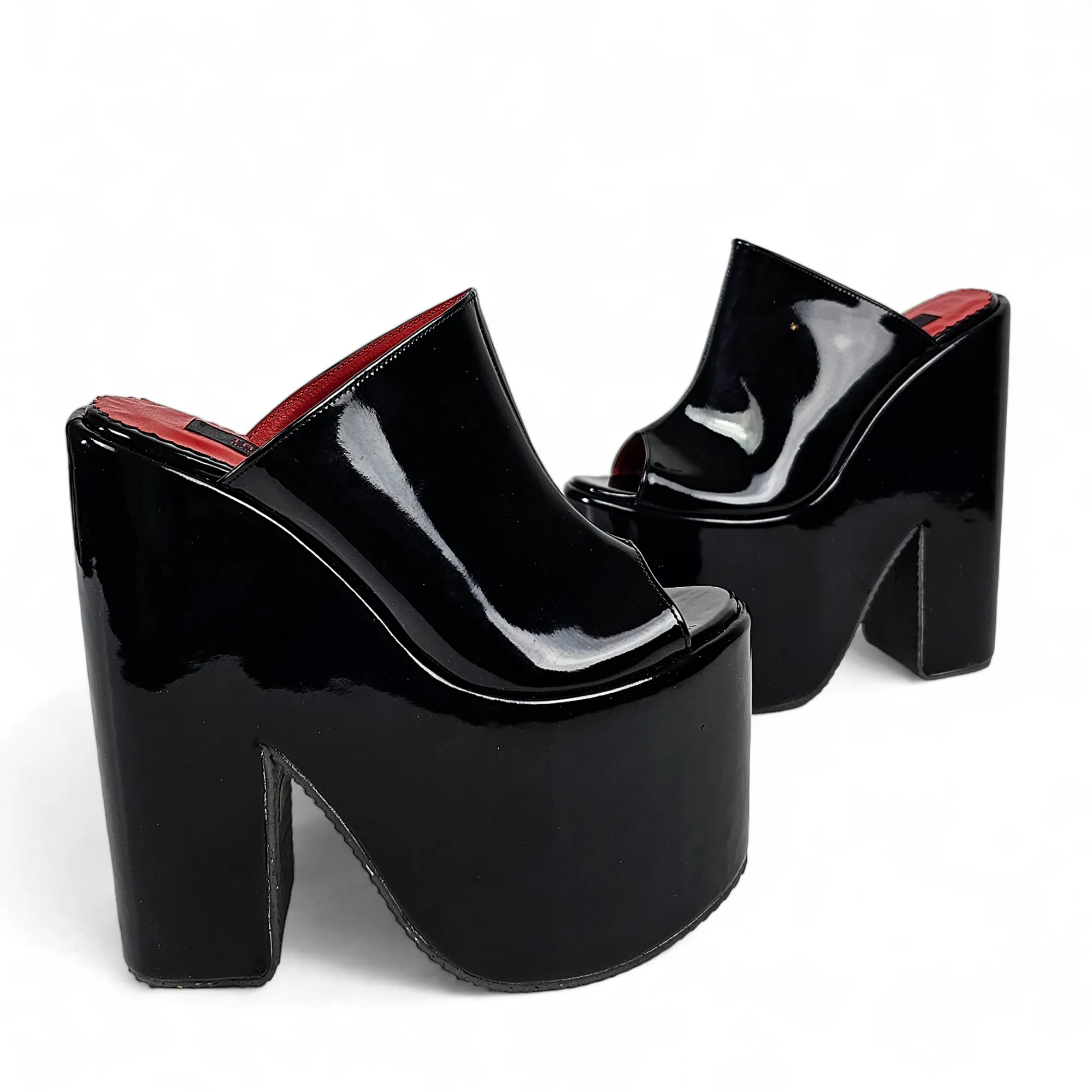 Black Gloss Designer's Heel Platform Wedge Slide Sandals