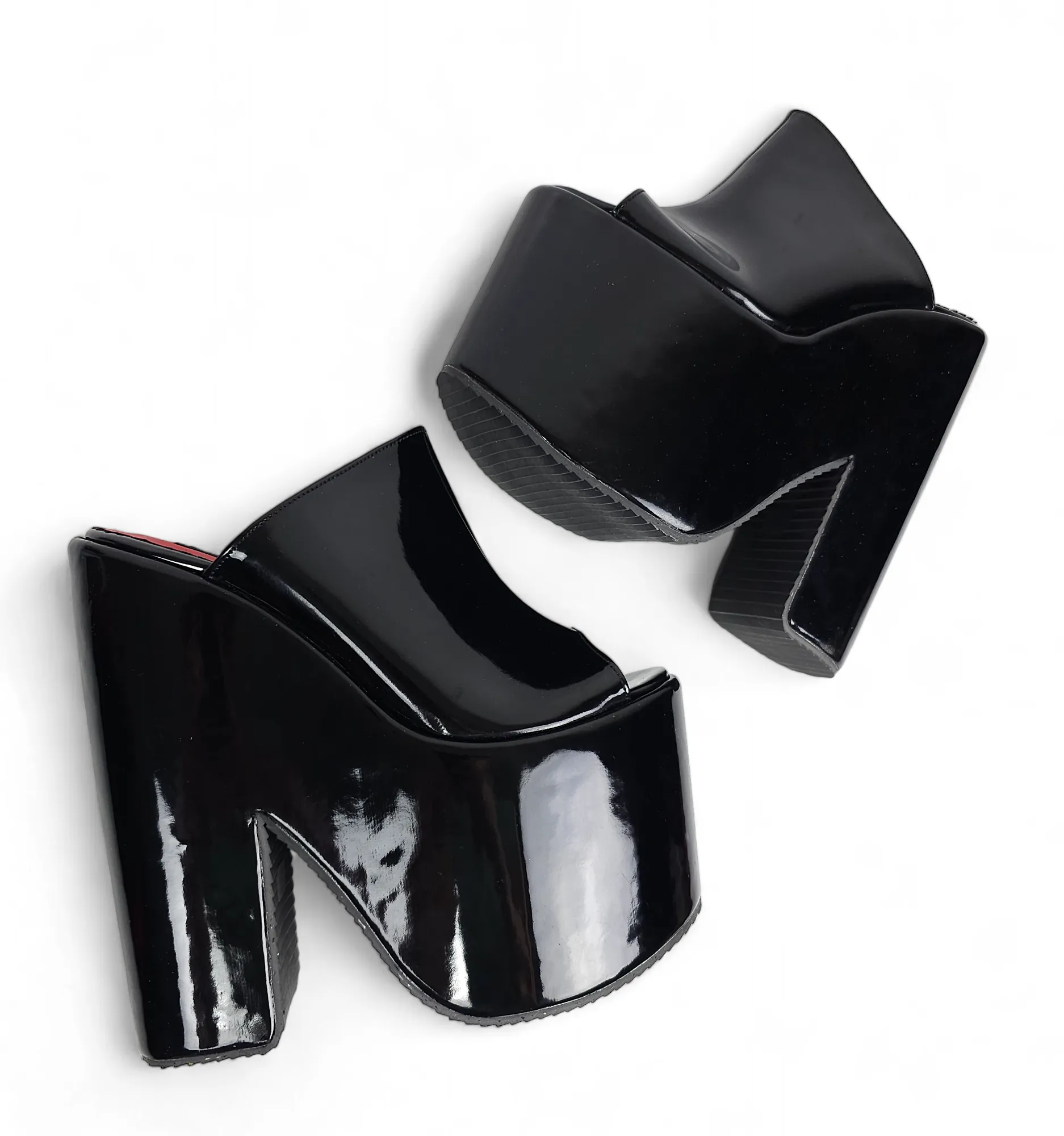 Black Gloss Designer's Heel Platform Wedge Slide Sandals