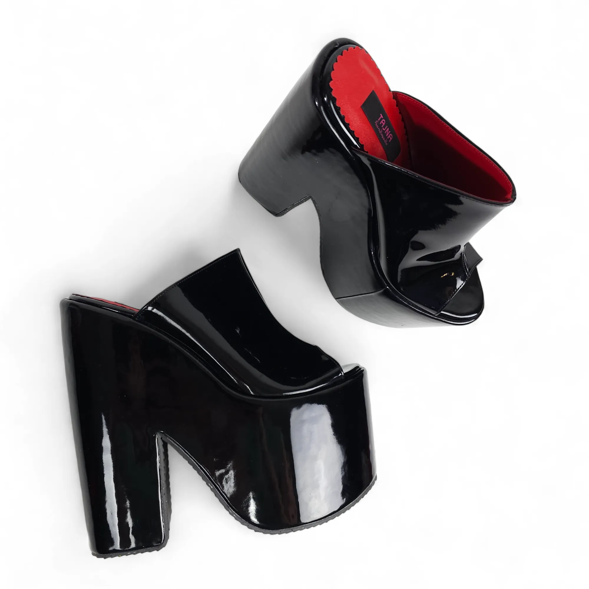 Black Gloss Designer's Heel Platform Wedge Slide Sandals