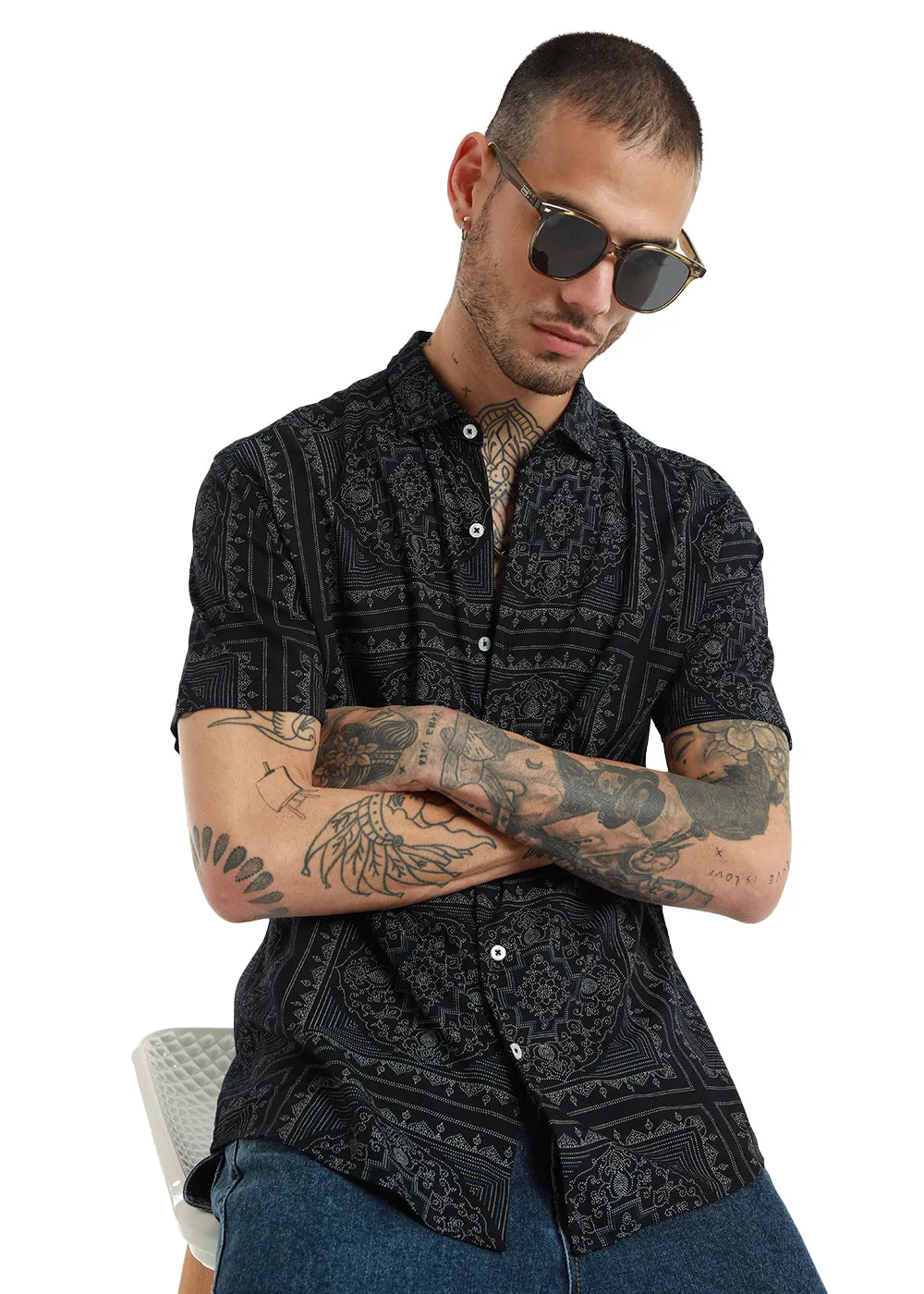 Black Mandala print Half Sleeve Shirt