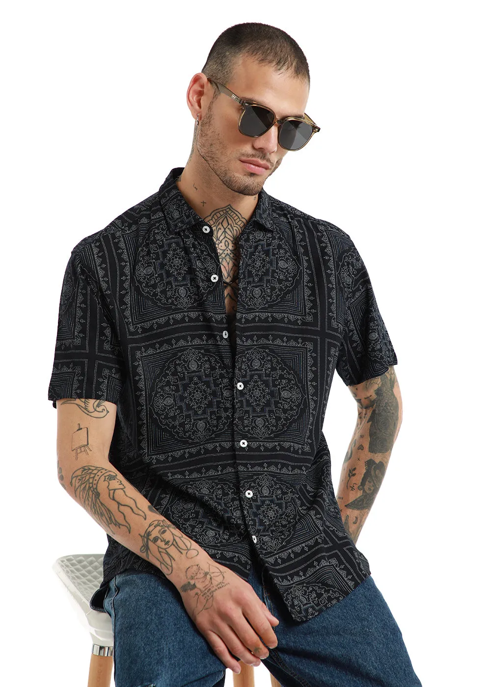 Black Mandala print Half Sleeve Shirt