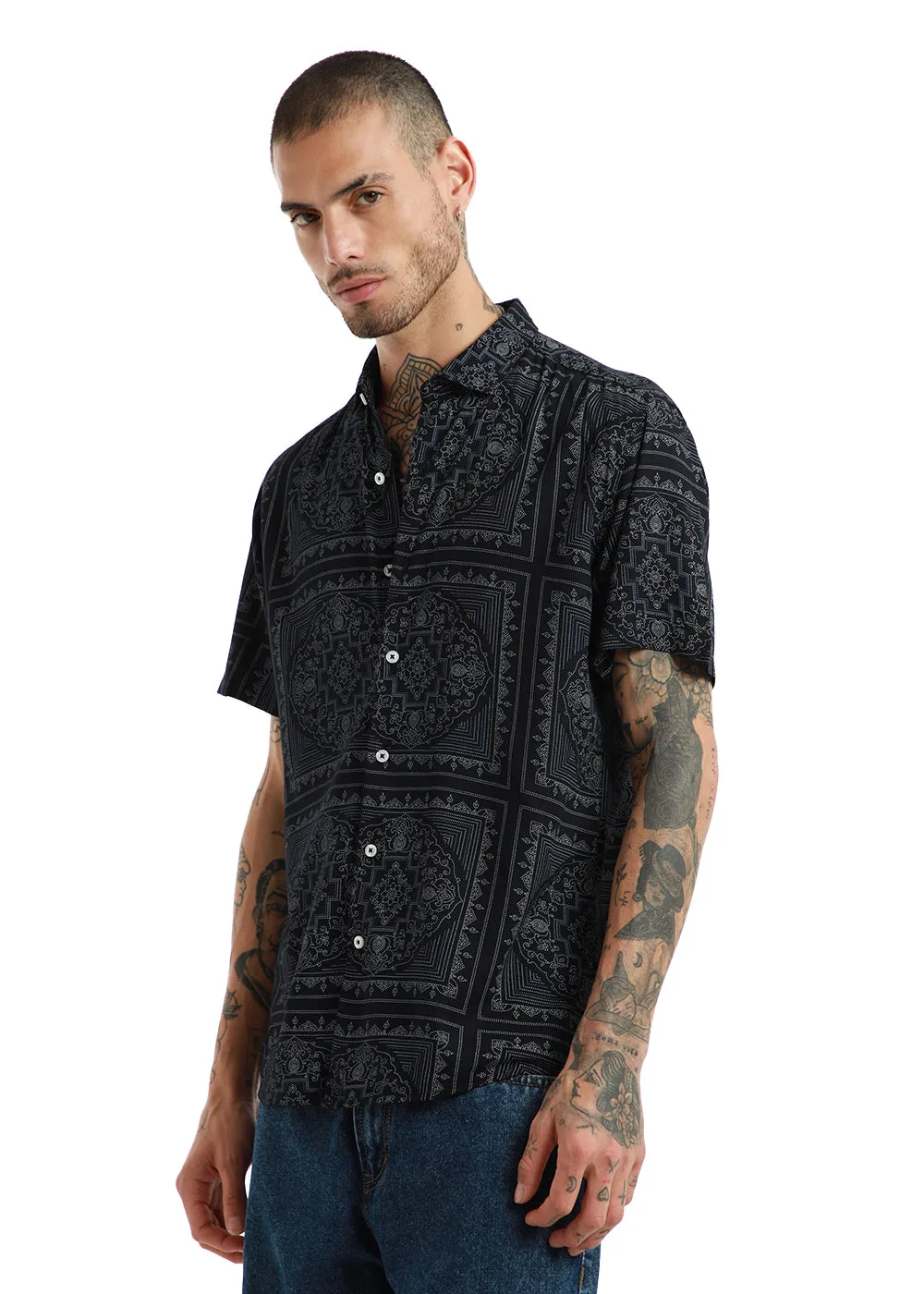 Black Mandala print Half Sleeve Shirt