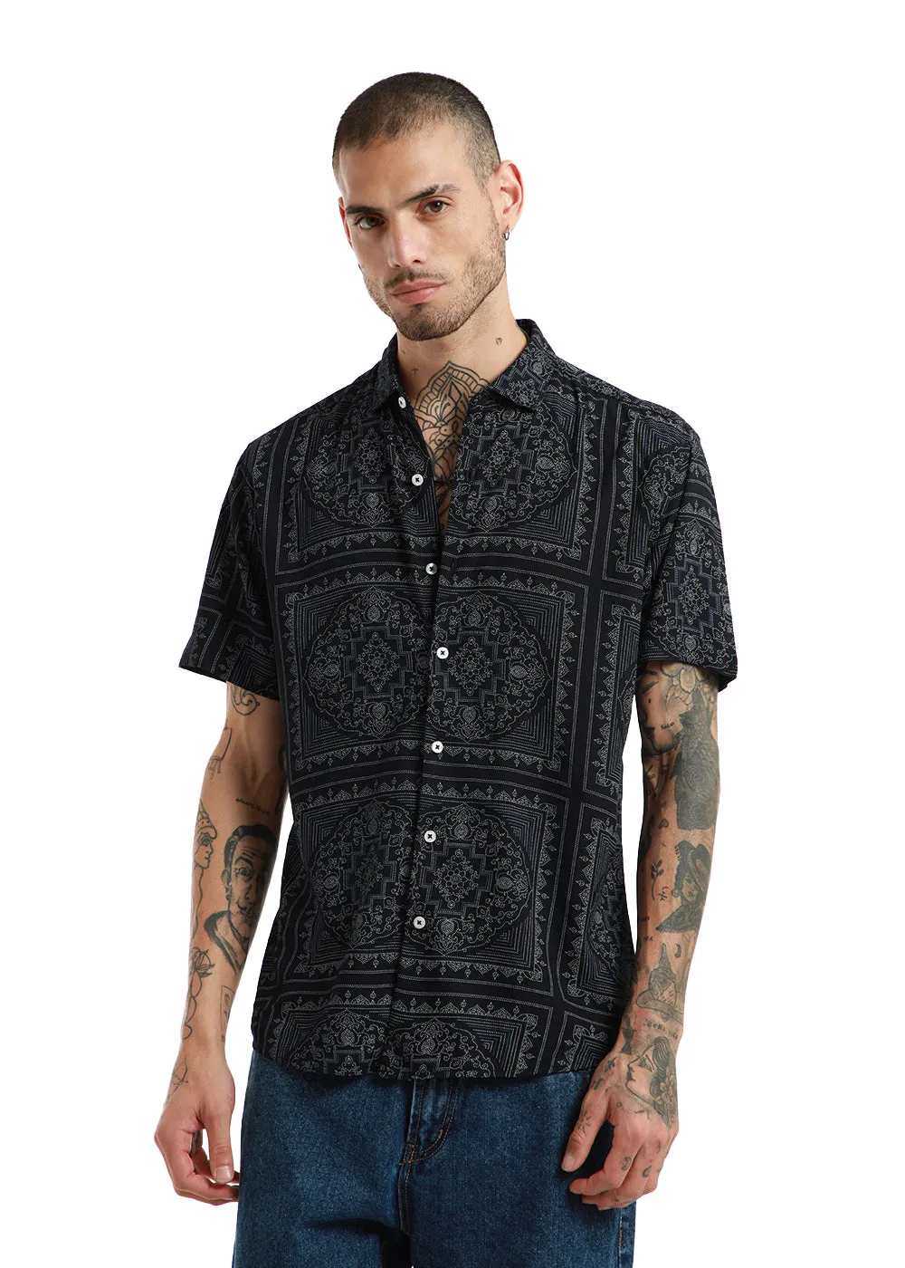 Black Mandala print Half Sleeve Shirt