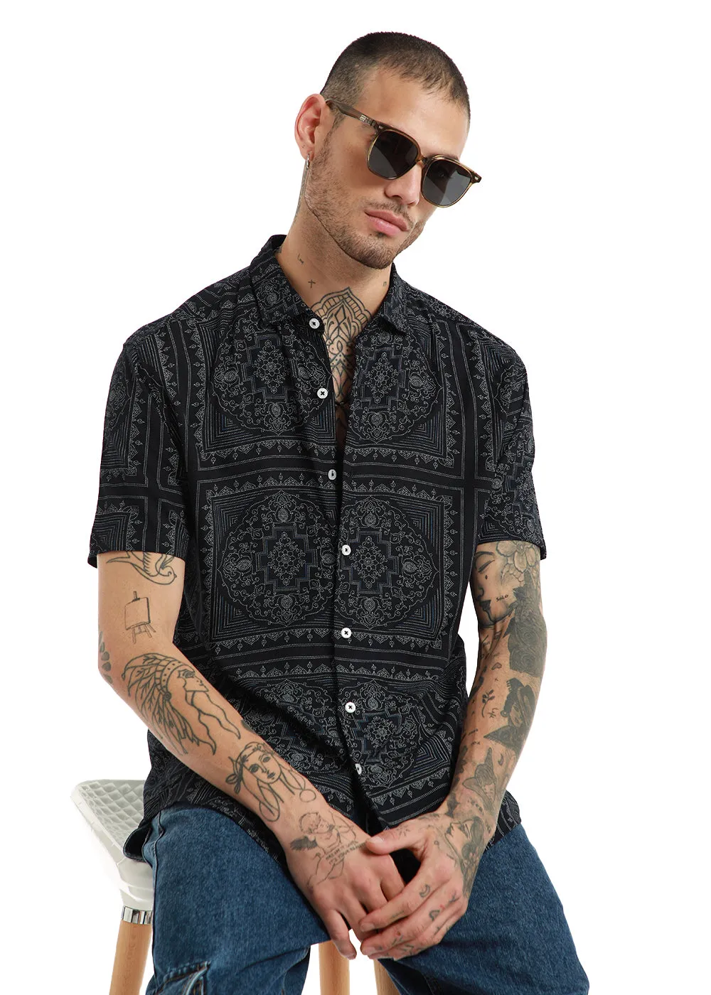 Black Mandala print Half Sleeve Shirt