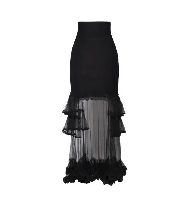 Black Modal Jersey Skirt with Tulle & Lace Ruffle