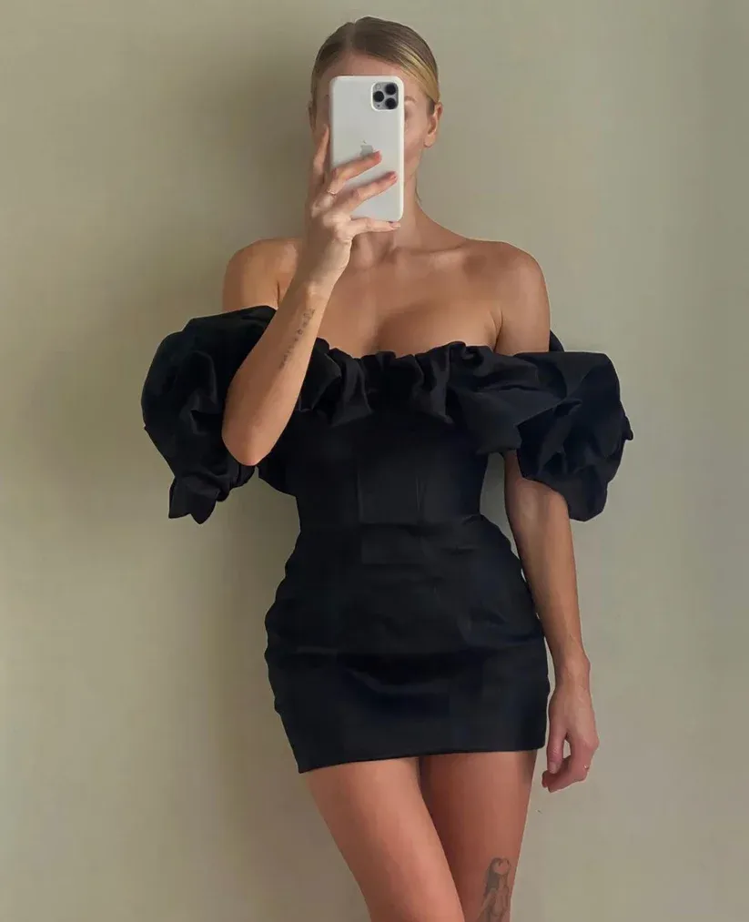 Black Off Shoulder Short Paarty Dress Satin Homecoming Dress, DP2348