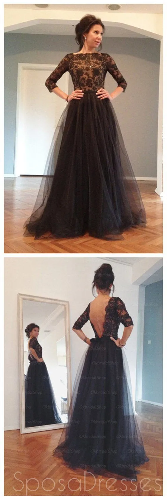 Black Prom Dress, Lace Prom Dress, Long Sleeves Prom Dress, Backless Prom Dress, Party Prom Dress, Long Evening Dress, PD0015