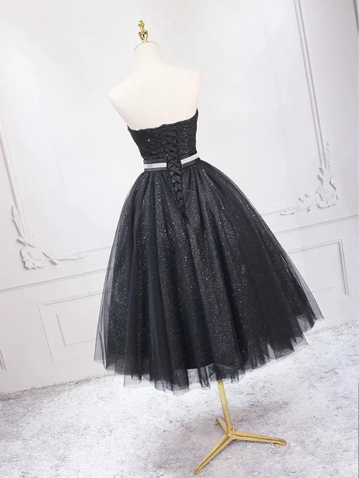 Black Shiny Sweatheart Strapless Tea Length Party Dress,DP1718