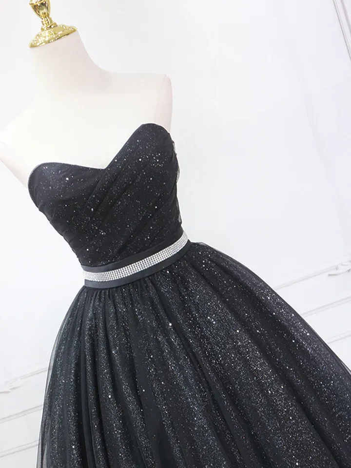 Black Shiny Sweatheart Strapless Tea Length Party Dress,DP1718