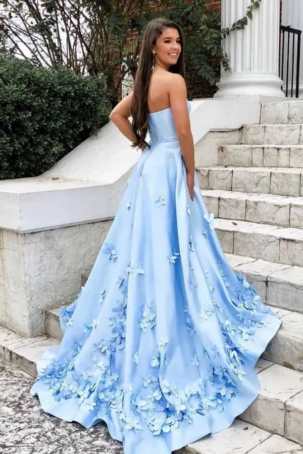 Blue A-Line Sweetheart  Floral Applique Long Prom Formal Dresses With Pocket,DP0234