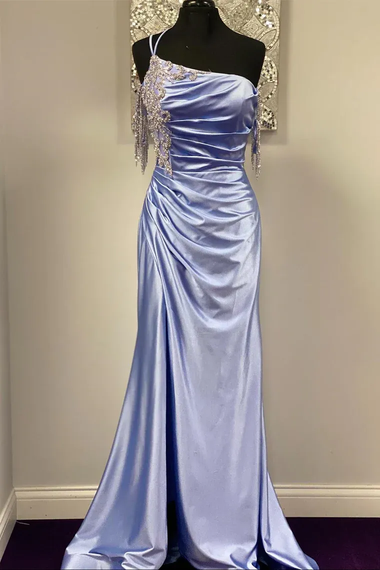 Blue One Shoulder Fringes Mermaid Long Formal Dress with Slit,DP1318