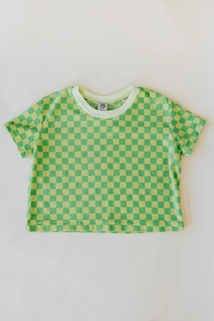 Boxy Cropped Tee - Lemon   Lime Checkerboard Terrycloth