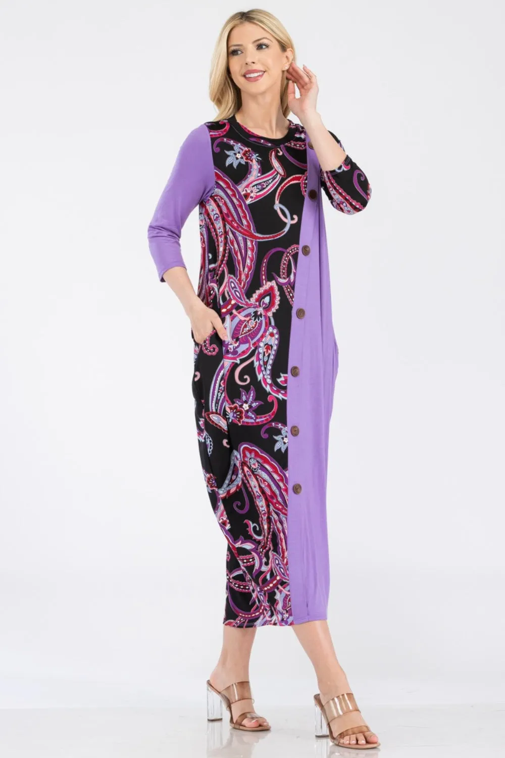 Celeste Full Size Paisley Contrast Midi Dress with Pockets