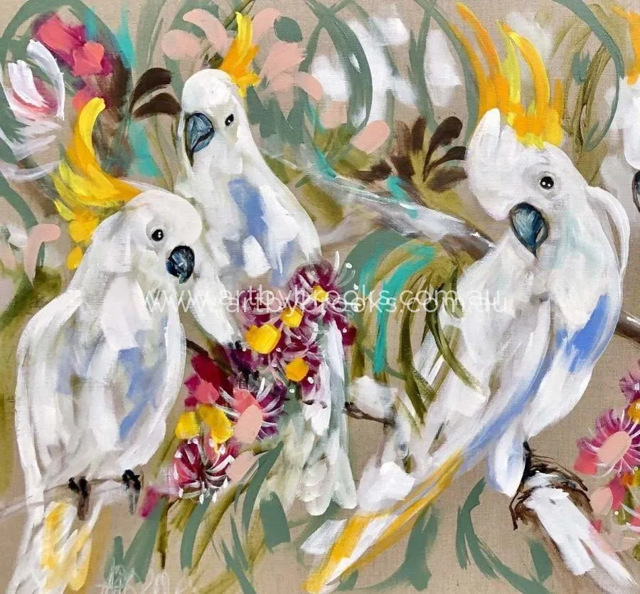 Cockatoos and fragrant gum  - original on Belgian linen