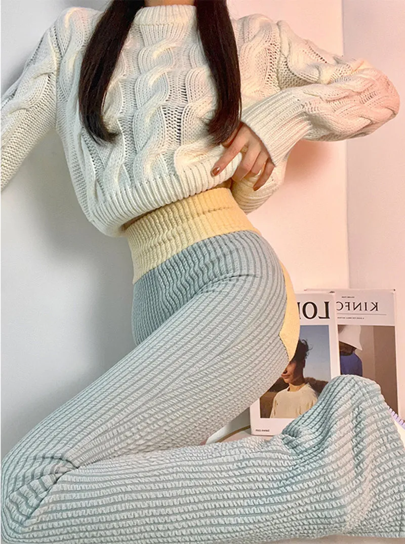 Color Block Ribbed Cropped Cardigan And Striped Lounge Pants Set