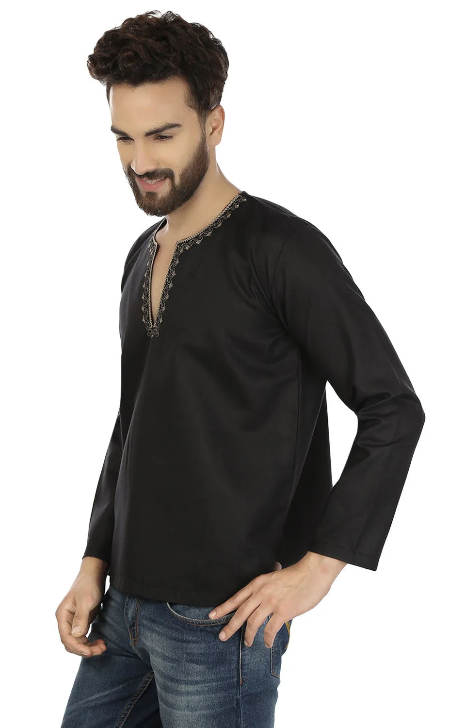 Cotton Dress Mens Short Kurta Shirt Indian Fashion Clothing (Black)