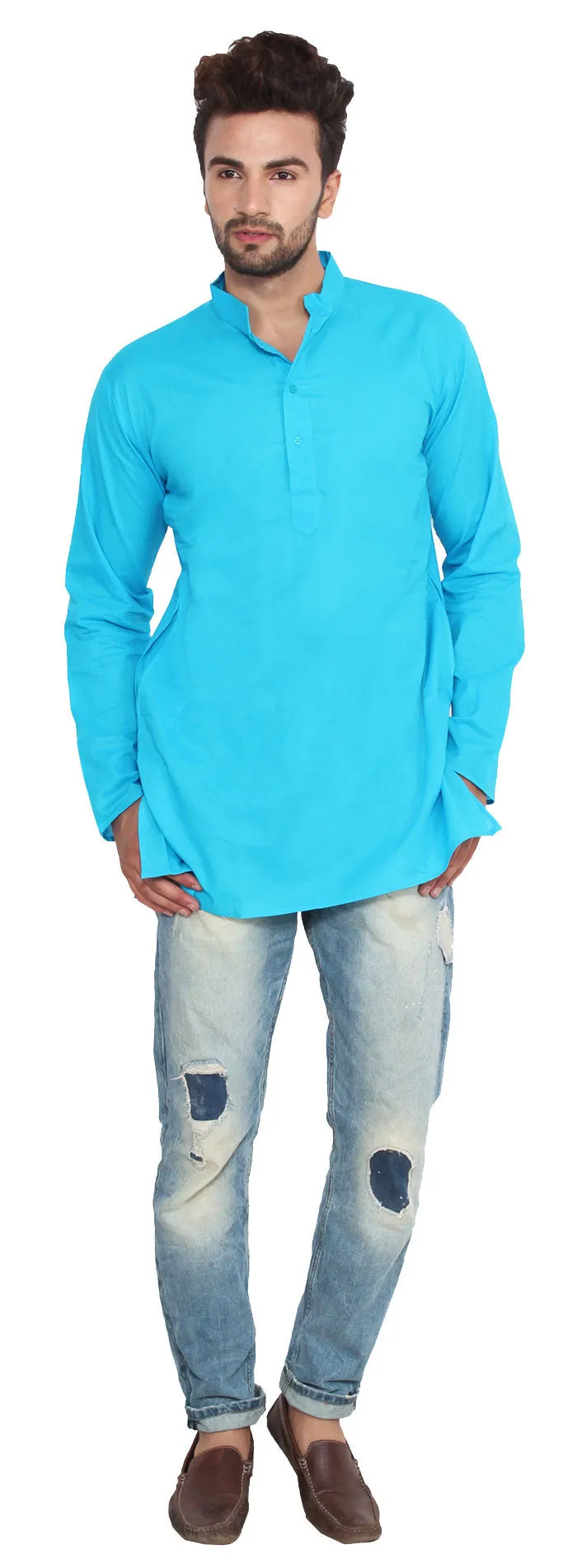 Cotton Dress Mens Short Kurta Shirt Indian Fashion Clothing (Blue)