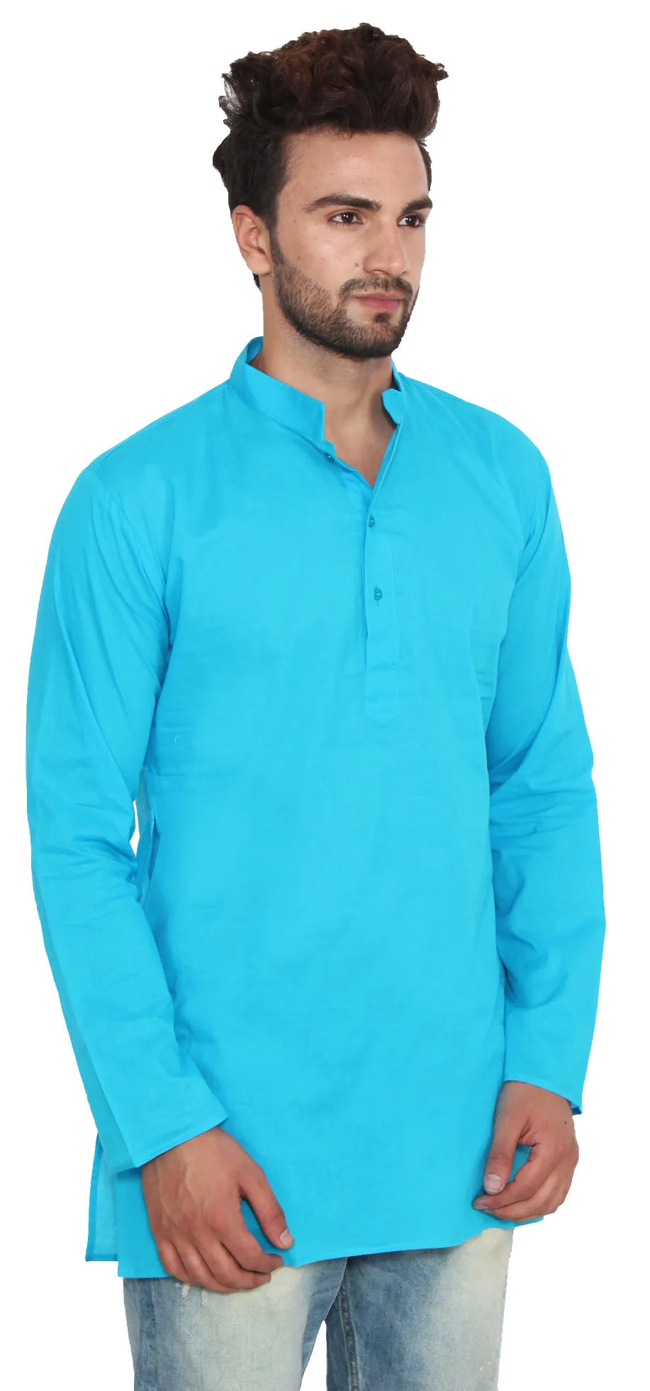 Cotton Dress Mens Short Kurta Shirt Indian Fashion Clothing (Blue)