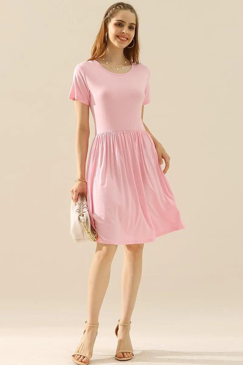 CREWNECK SHIRRED FLOWY SWING SHORT SLEEVE DRESSES