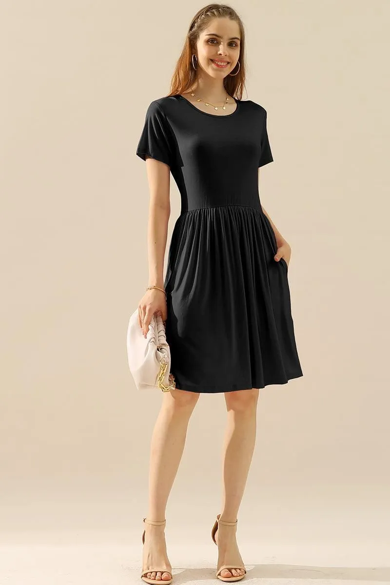 CREWNECK SHIRRED FLOWY SWING SHORT SLEEVE DRESSES