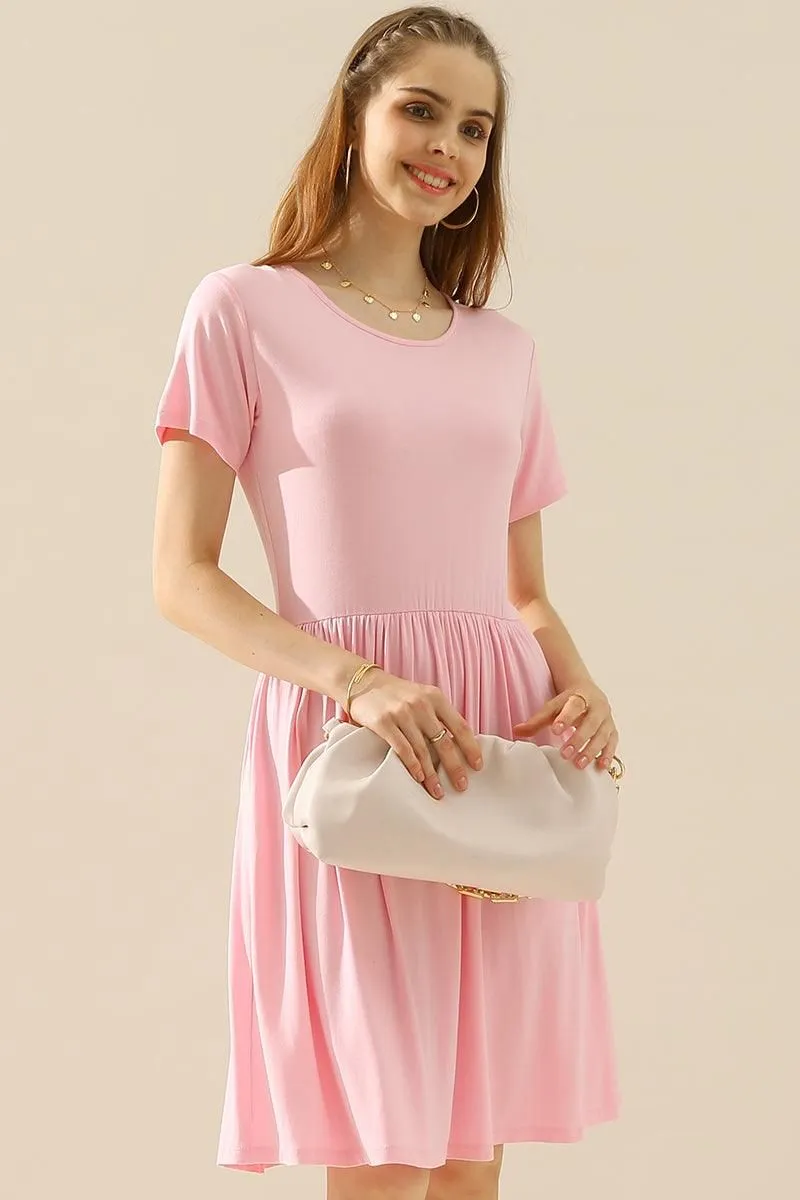 CREWNECK SHIRRED FLOWY SWING SHORT SLEEVE DRESSES