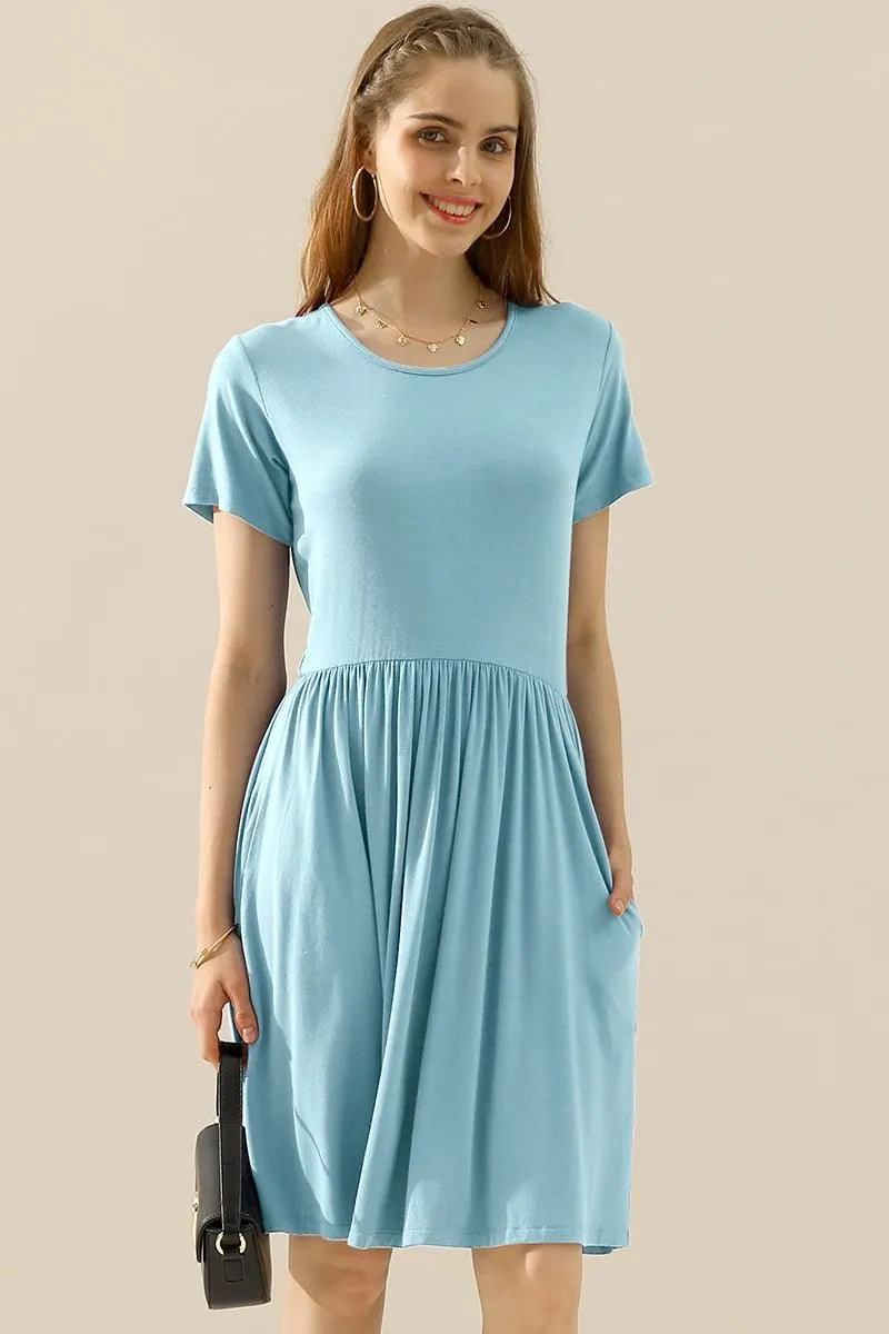 CREWNECK SHIRRED FLOWY SWING SHORT SLEEVE DRESSES